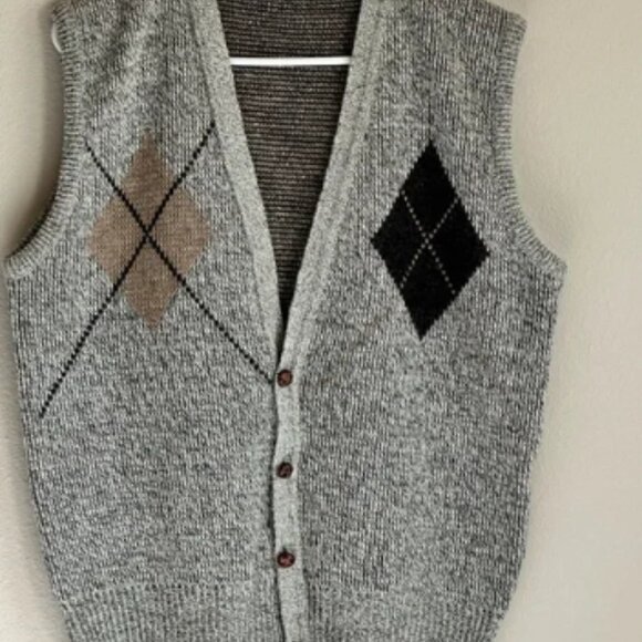 Vintage Stetson Argyle Button Sweater Vest Beige Black Mens XL USA Grandpa Core - Picture 1 of 6